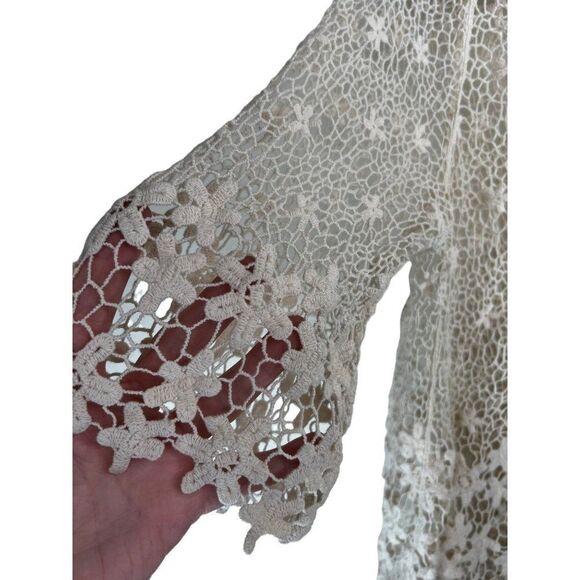 Fever Round Neck Crocheted High Low Hem Cover Up Blouse.  Beige.  Size Medium - Picture 2 of 11